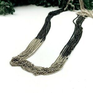 Two-Tone Silver & Black Multi-Strand Long Chain Necklace With Lobster Clasp Clos